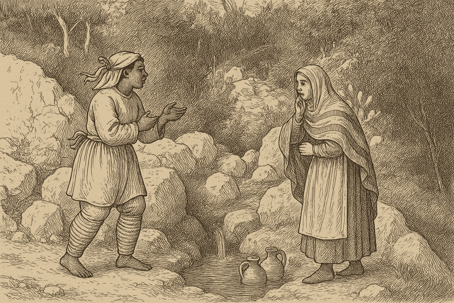 Recreación de la Fuente Vieja de Cástaras con dos mujeres moriscas conversando mientras llenan cántaros de agua.